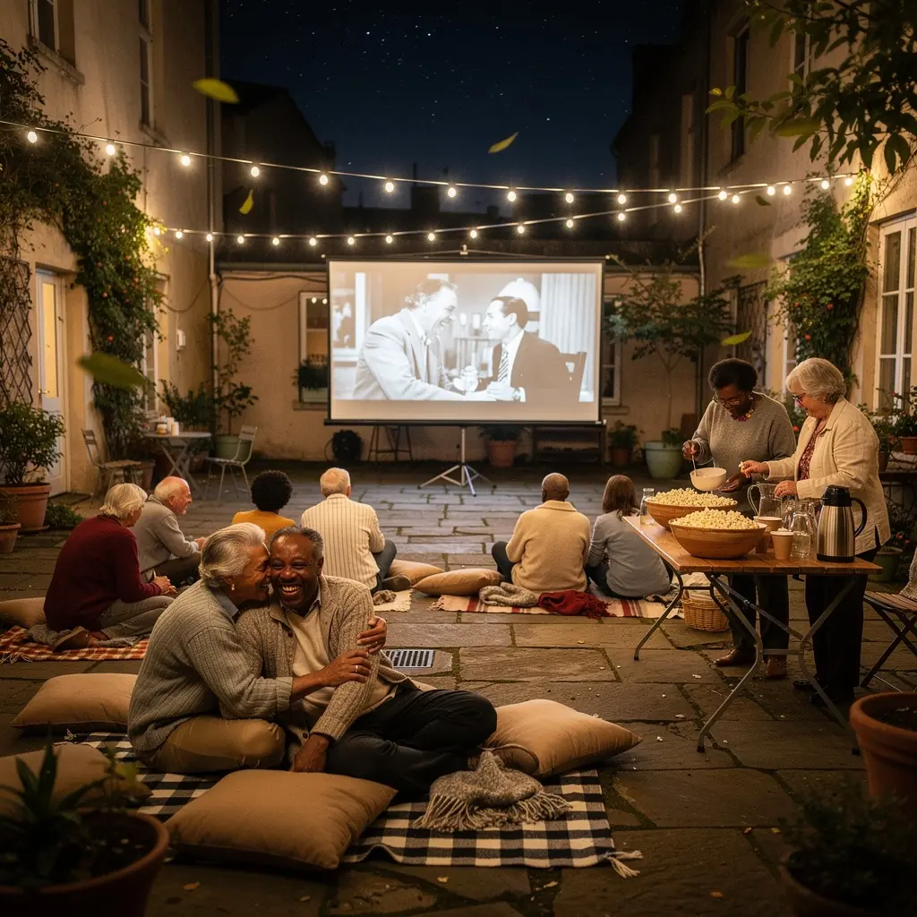 A group of seniors participating in a joyful gardening activity in a vibrant community garden.