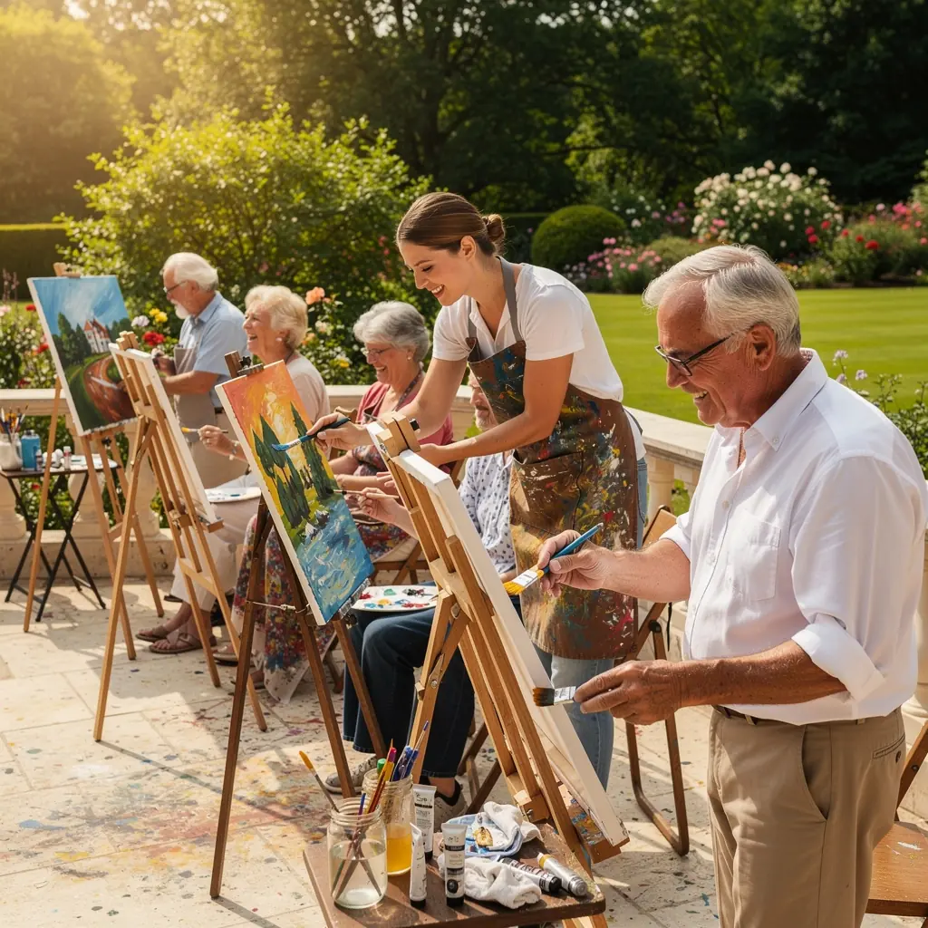 A friendly caregiver assisting an elderly resident with daily activities in a warm, inviting home setting.