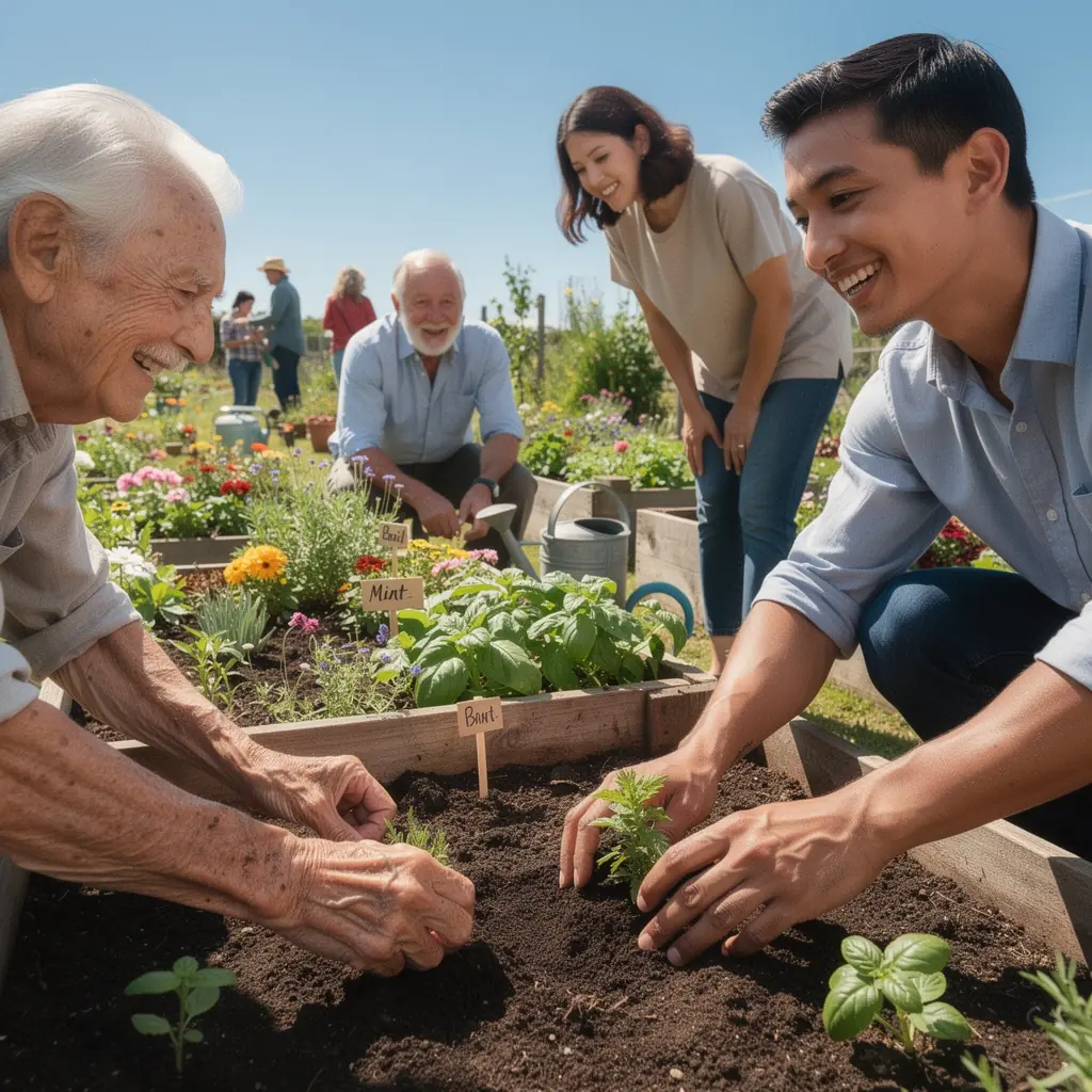 A festive community event featuring seniors enjoying live music and dancing together under colorful decorations.