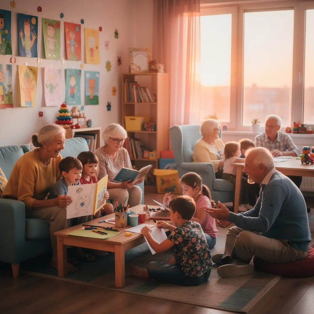 A serene garden scene with senior residents enjoying a sunny day outdoors.